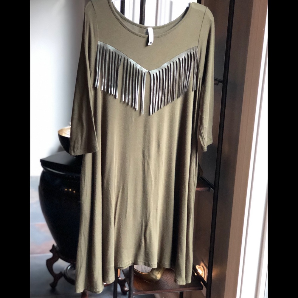 Girls Pomelo Olive Fringed Dress w/ Pockets Size L
